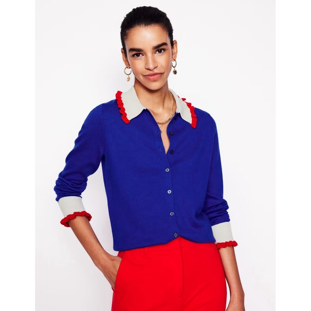Boden Women's Frilled Cotton Blend Cardigan Royal Blue NEW Medium